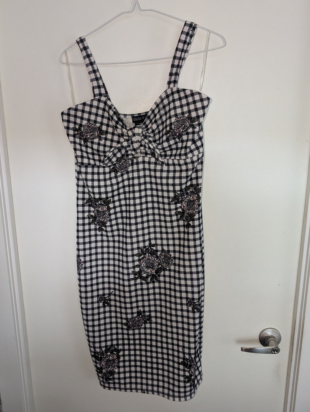 Black & White Gingham Floral Tie-Front Midi Dress
